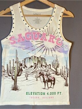 Saguaro Tucson Arizona Graphic Tank Top w/Studs - White Women’s szL